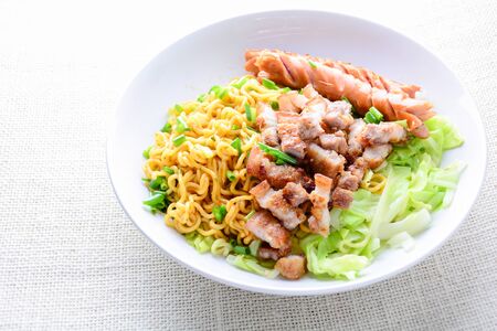 Udon noodles with grilled pork, sausage and cabbage - Japanese cuisineの写真素材
