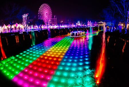 NAGASAKI, JAPAN - April 29,2019 : Huis Ten Bosch is a theme park in Nagasaki, Japan, which displaying old Dutch buildings and colorful lights show at night.のeditorial素材