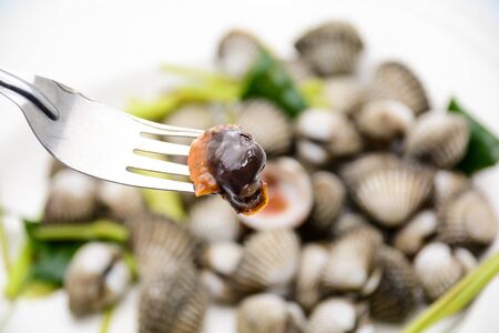 Boiled cockles or scallops with seafood sauceの写真素材
