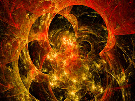Abstract fractal art background, suggestive of astronomy and nebula. Computer generated fractal illustration art nebula in red yellow fireの写真素材
