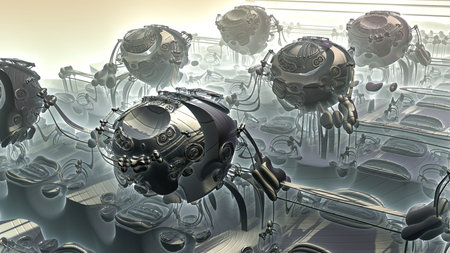 Abstract fantastic robot scenery. Futuristic view from inside of the fractal. 3D illustration. 3d...