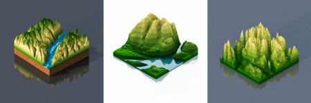 3D illustration voxels, Rocks, mountains and hills. Mountain peak. Landscape terrain map models. Colorful 3d voxel landscape made of rectangular blocks.の写真素材