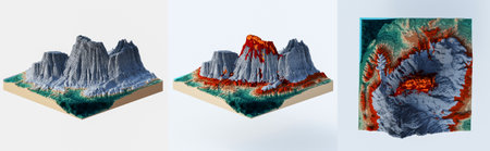 3D illustration voxels, Rocks, mountains and hills. Mountain peak. Landscape terrain map models. Colorful 3d voxel landscape made of rectangular blocks.の写真素材