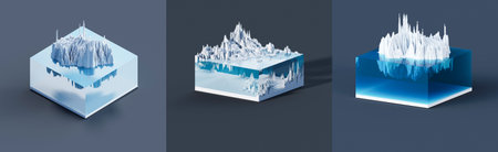 3D illustration voxels, Rocks, mountains and hills. Mountain peak iceberg. Landscape terrain map...