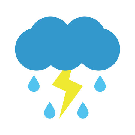 Rain with thunderstorm, vector. Cloud and raindrops in blue, yellow lightning on a white background.のイラスト素材