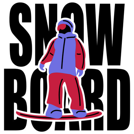 Snowboarder, vector illustration. Snowboarder on a snowboard in a snowboard suit. In the background are black letters Snowboard.のイラスト素材