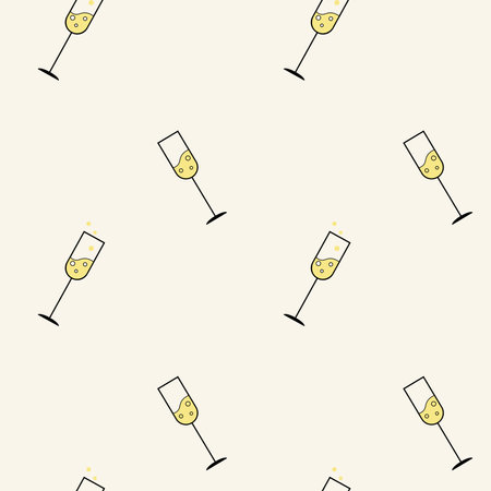 Champagne glass, seamless pattern, vector. Glasses with champagne on a yellow background.のイラスト素材