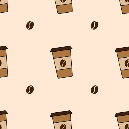 Paper cup with coffee, seamless pattern, vector. Paper cup with coffee and coffee grains on a beige background.のイラスト素材