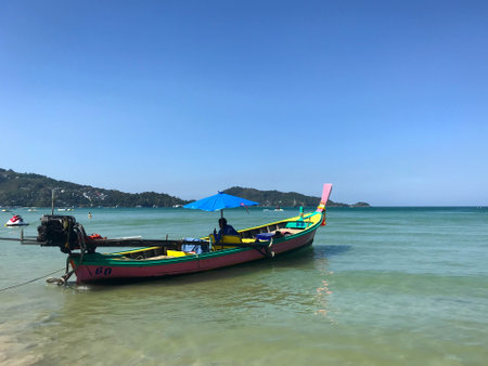 Thailand, Phuket, February 11, 2019. View of the sea, mountains and boat.のeditorial素材