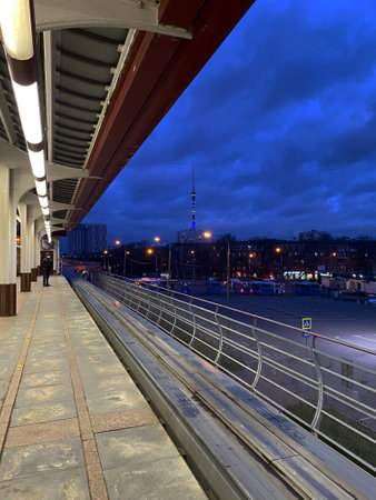 Moscow, Russia, November 11, 2020. In the photo is a light metro and a train.のeditorial素材