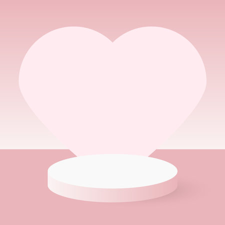 Podium showcase pink, vector. Pink pedestal showcase, heart in the background. A minimalistic scene for demonstrating the product layout.のイラスト素材