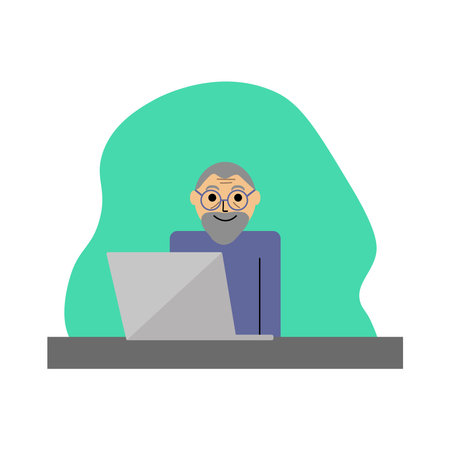 Elderly man behind a laptop, vector. A happy elderly man with glasses and a beard sits at a table with a laptop.のイラスト素材