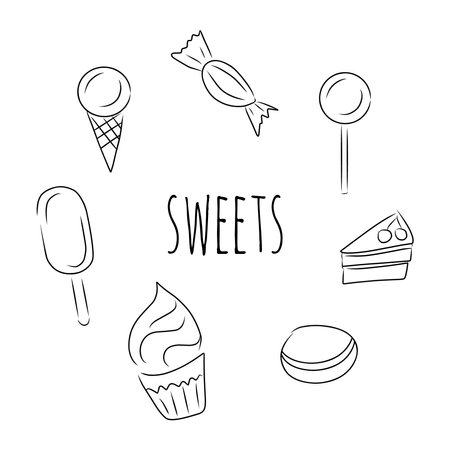 Sweets vector set. hand drawn sketch. Ice cream, candy, cake, cupcake and cookie. In the center is the inscription Sweets.のイラスト素材