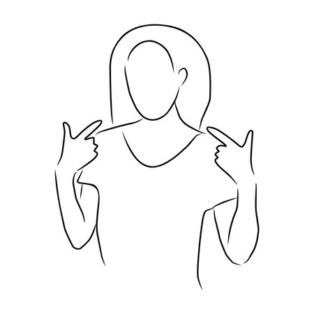 Woman pointing her fingers at herself, vector. hand drawn sketch. Cheerful woman points her fingers at herself.のイラスト素材