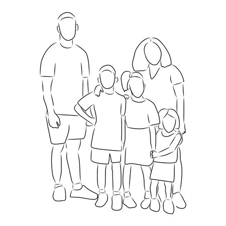 Large family, vector. hand drawn sketch. Mother, father and three children.のイラスト素材