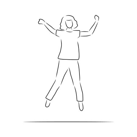 Happy woman jumping, vector. hand drawn sketch. A woman in a t-shirt and pants is jumping.のイラスト素材
