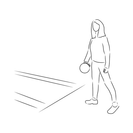 Bowling woman, vector. hand drawn sketch. A woman with a bowling ball in her hands near the bowling alley.のイラスト素材