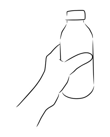 Hand holding a bottle, vector. hand drawn sketch. The hand holds a plastic bottle with a cap.のイラスト素材
