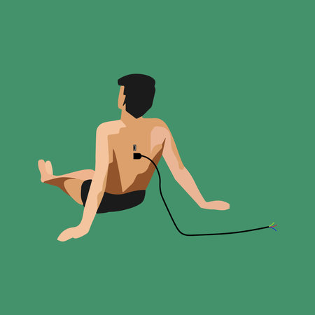 USB wires connected to a person, vector. A man in shorts sits with his back, he has 2 USB inputs on his back and a wire sticks out. concept illustration.のイラスト素材