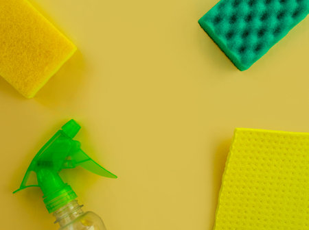 cleaning. Flat lay Bottle with cleaning product, sponges and rag on a yellow background. Cleaning...