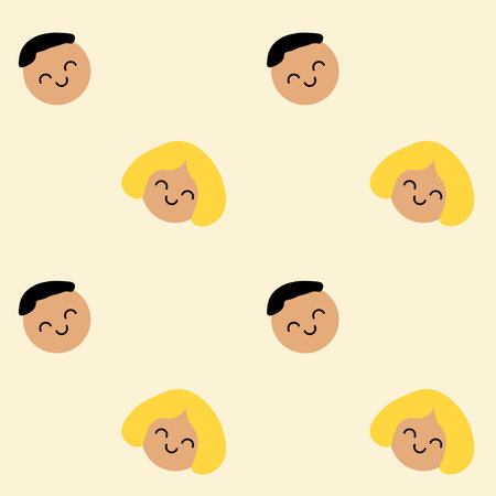 Smiling emoticons man and woman, seamless pattern, vector. Emoticons on a yellow background.のイラスト素材