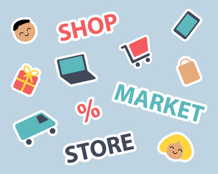 Marketplace sticker set, vector. Smiling emoticons man and woman, laptop and phone, trolley and package, gift and percentage, car, inscriptions SHOP, MARKET, STORE. Can be used on the site, in the application.のイラスト素材