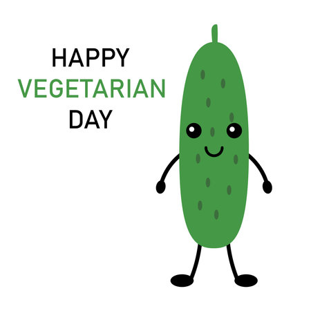 Cute postcard, vector. Cucumber cartoon cute character. Lettering Happy Vegetarian Day. Cheerful postcard with a slogan.のイラスト素材
