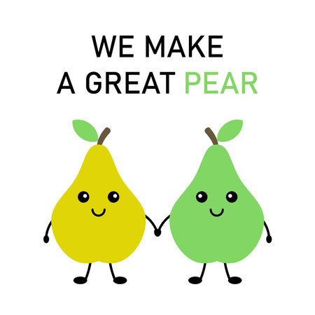 Cute postcard, vector. Pears cartoon characters. The inscription We make a great pear. Cheerful postcard with a slogan.のイラスト素材