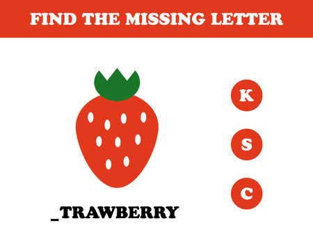 Find the missing letter worksheet for kids, strawberry, vector. Strawberry, inscription Strawberry with a missing letter.のイラスト素材