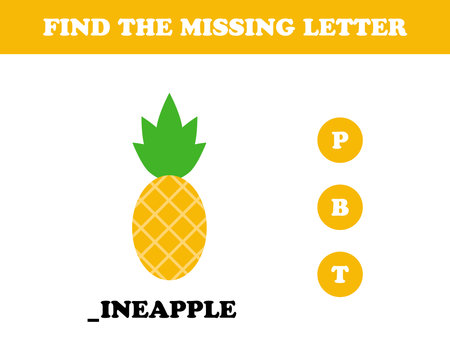 Find the missing letter worksheet for kids, pineapple, vector. Pineapple, inscription pineapple with a missing letter.のイラスト素材