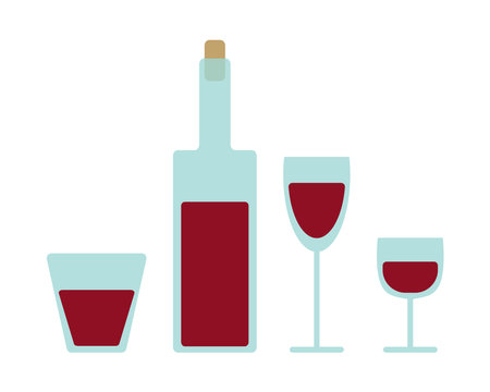 Wine, wine bottle and glasses, vector. Bottle and glasses with red wine.のイラスト素材