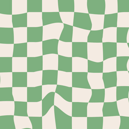 Retro 70s hippie groovy background, vector. Green checker pattern. Green distorted checkered...
