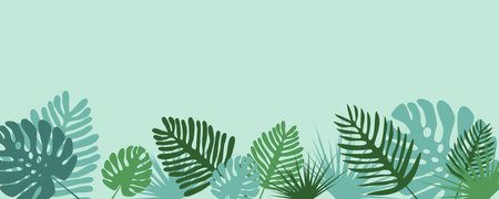 Banner, palm leaves on a green background, vector. Green palm leaves on a green background. banner, background.のイラスト素材
