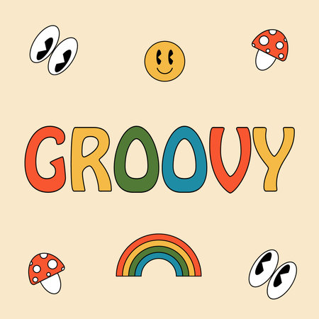 Retro hippie poster, 70s, vector. GROOVY inscription, eyes, smiley, fly agaric and rainbow on a beige background.のイラスト素材