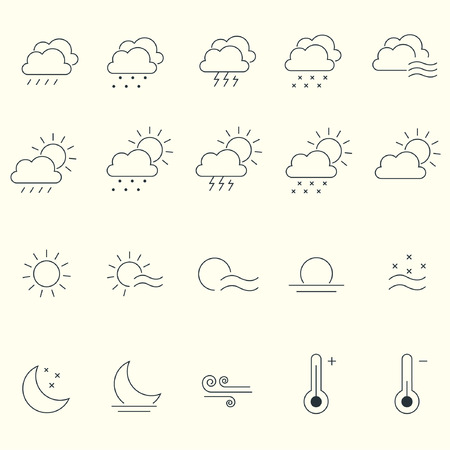 Weather icon and sign - Set of thin line stroke drop, fog, night, illustration weather, internet, climate, drop, lightning.のイラスト素材