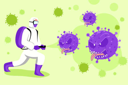 Coronavirus pandemic bacteria and man in hazmat suitのイラスト素材