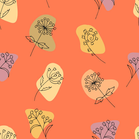 vector seamless pattern of leaves and branches doodle minimalism, boho styleのイラスト素材