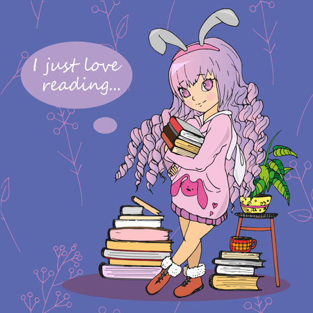 vector flat illustration of cute cartoon girl with booksのイラスト素材