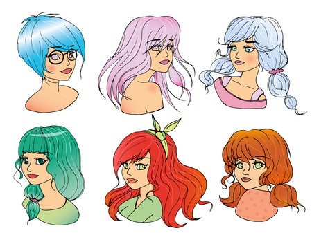 vector set with cute cartoon anime girl. avatarsのイラスト素材