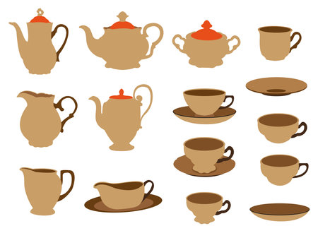 vector art of tea set of dishes, sticker, icon clipartのイラスト素材