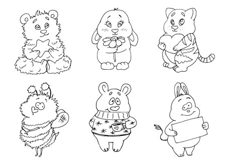 vector coloring page with cute cartoon animalsのイラスト素材