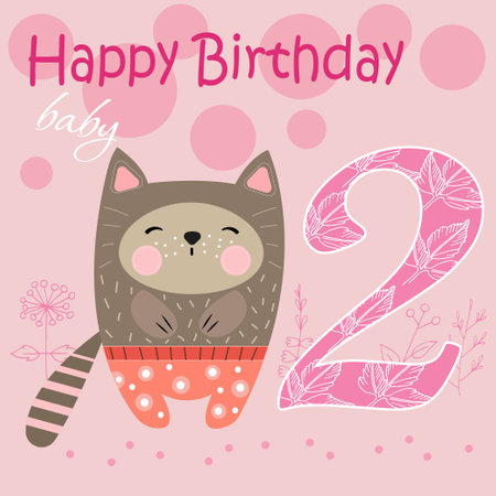 vector card cartoon happy birthday for 2 yearのイラスト素材