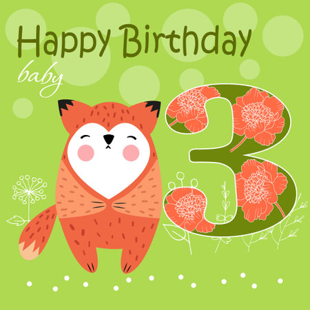 vector card cartoon happy birthday for 3 yearのイラスト素材