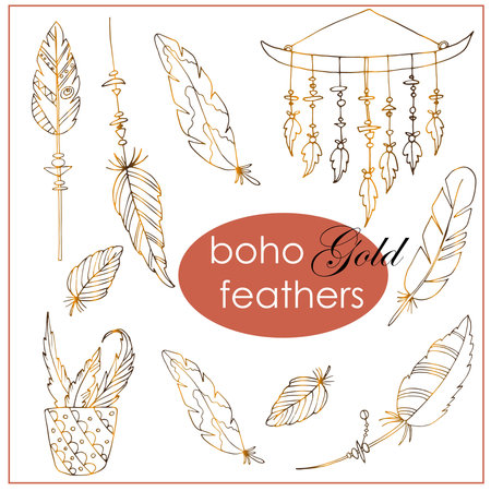 large set of vector golden feathers, boho style, thin lineのイラスト素材