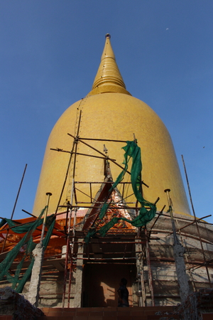 Buddha's pagoda being renovated. There's craftman who has fully indigenous knowledge.の写真素材