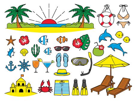 illustration set of beach and oceanのイラスト素材