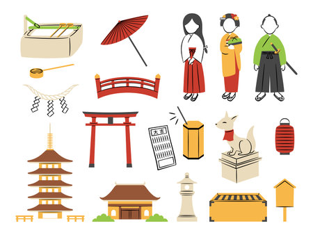 illustration of shrine and templeのイラスト素材