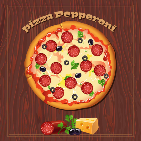 Yummy pizza pepperoni on the wood background with ingredients.のイラスト素材