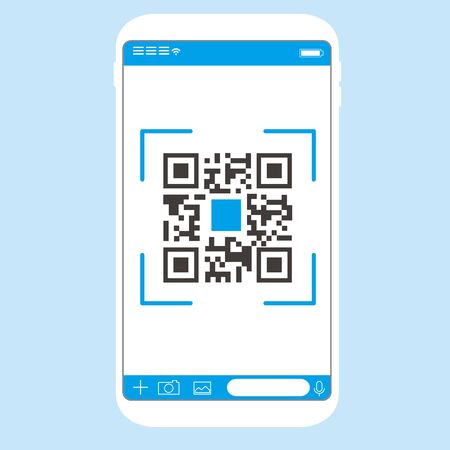 Qr code payment , online shopping , cashless technology concept. Coffee shop accepted digital pay without money , plastic tag on table and hand using mobile phone application to scan qr code.のイラスト素材