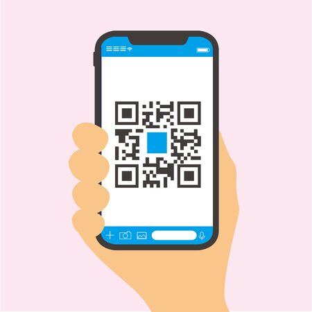 Qr code payment , online shopping , cashless technology concept. Coffee shop accepted digital pay without money , plastic tag on table and hand using mobile phone application to scan qr code.のイラスト素材